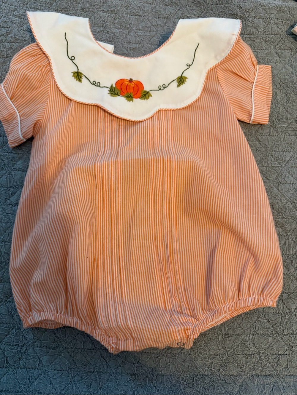 Sweet Dreams Orange Striped Pumpkin Romper with Embroidered Collar